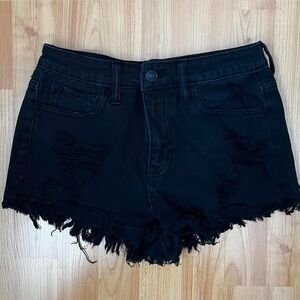 Black high rise distressed denim mini shorts